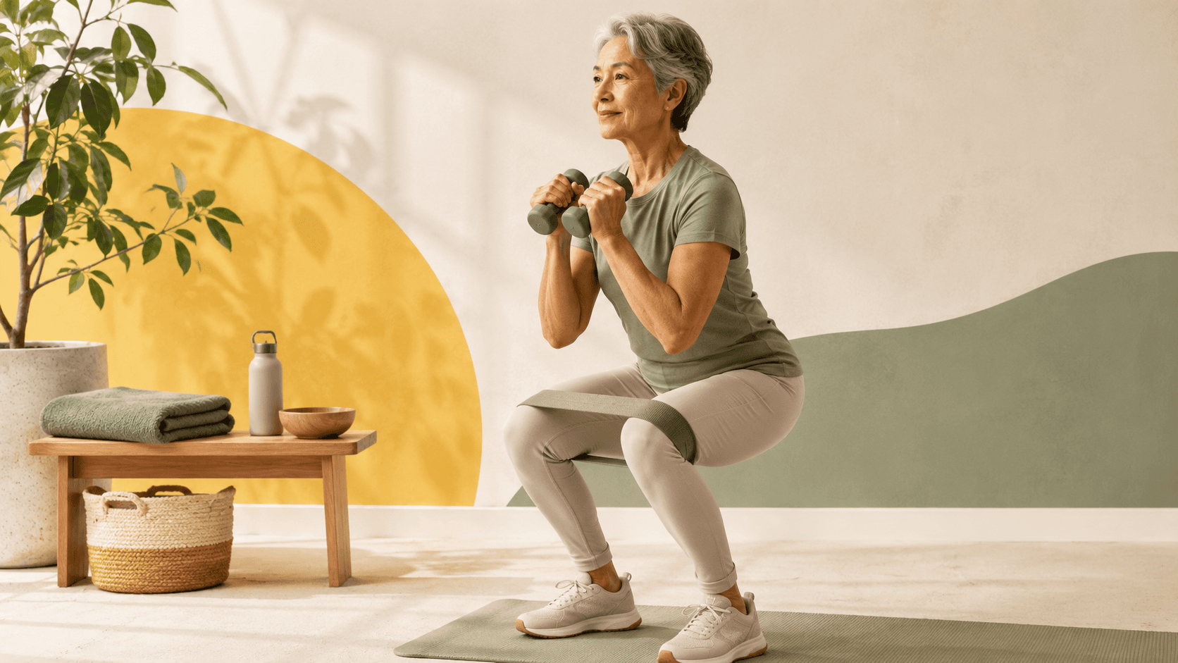 Low impact strength training with a chair, resistance bands, and light weights