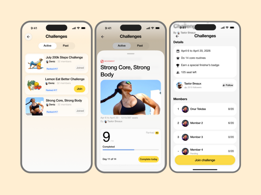 Lemon app challenges screen showing active challenges and a leaderboard
