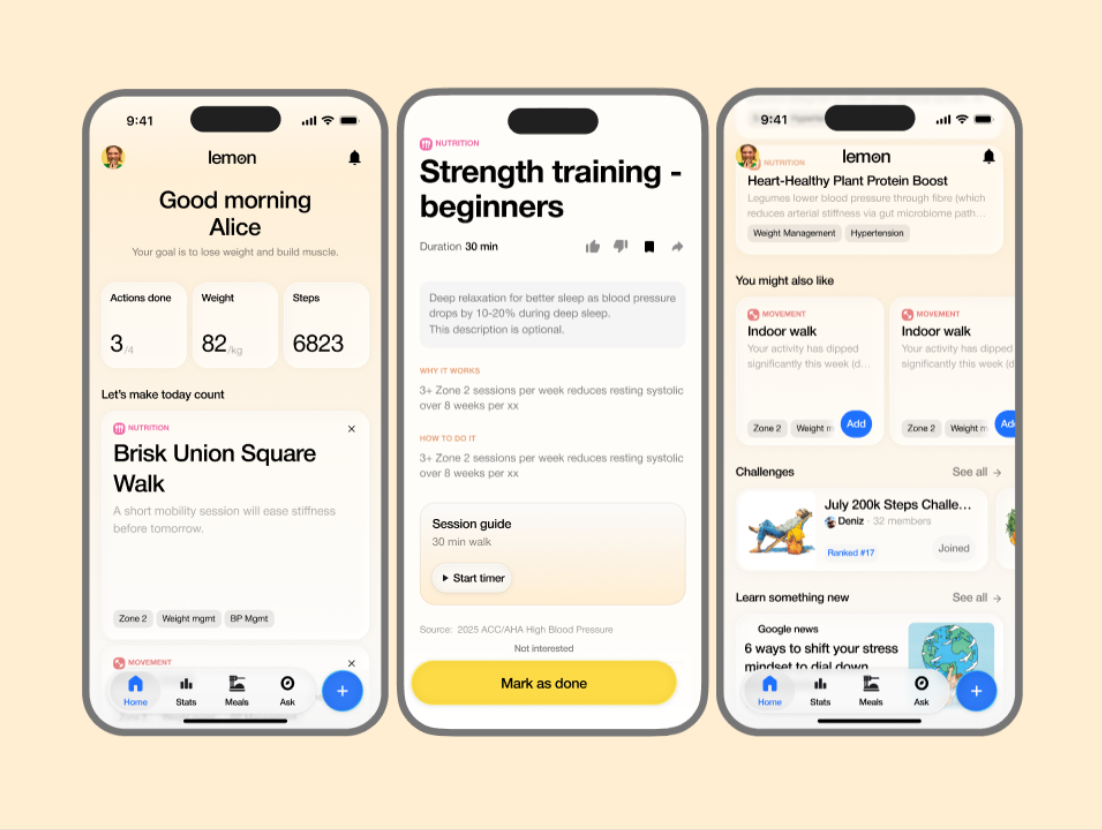 Lemon app home screen showing a personalized daily plan with recommended actions