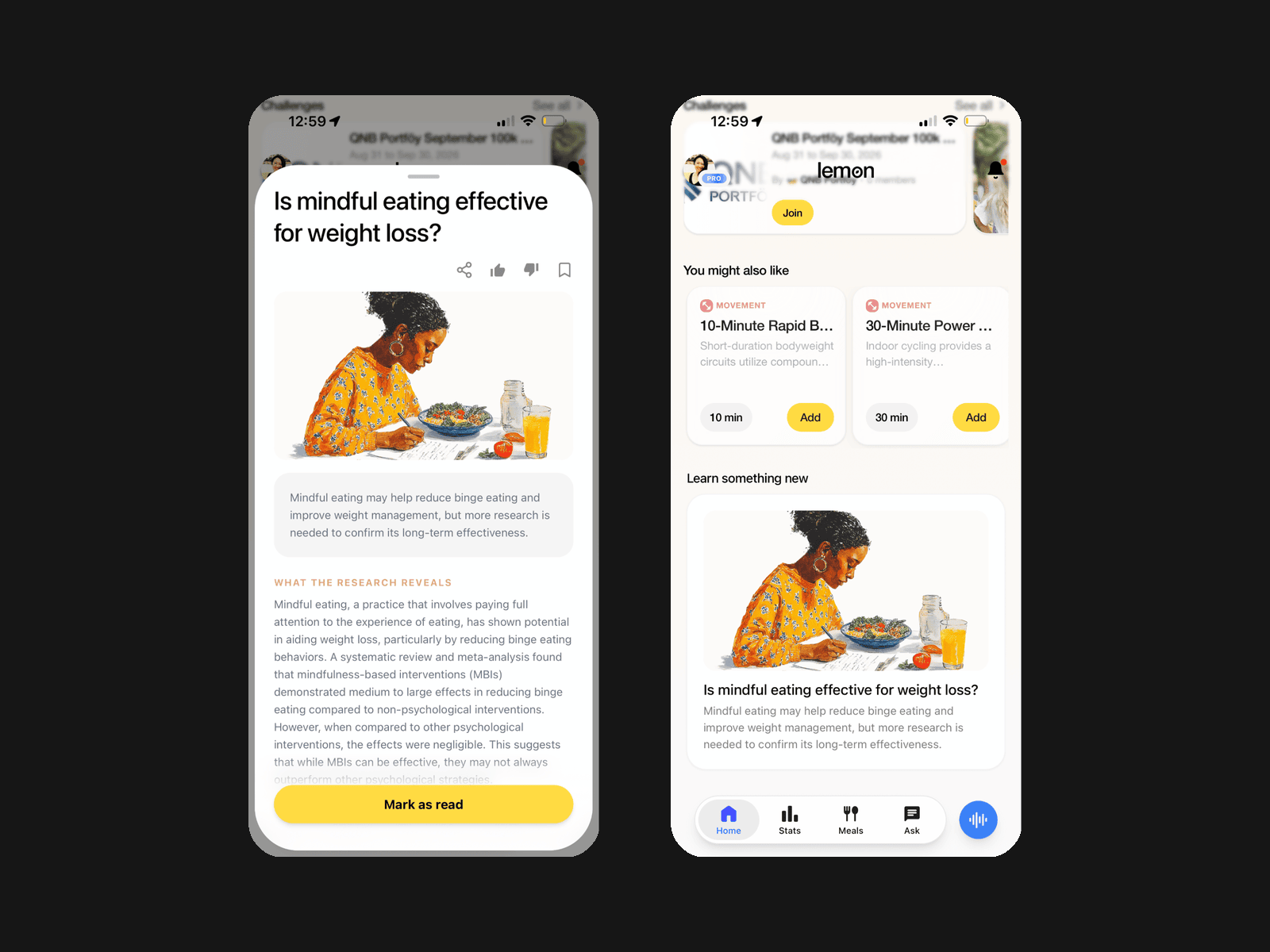 Lemon app showing personalized article recommendations and an open article