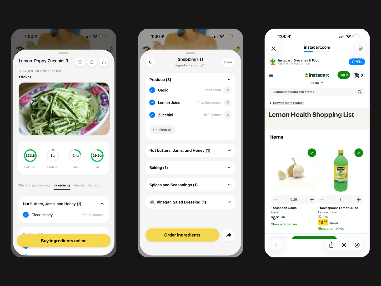 Lemon recipe with a Buy ingredients online button, a shopping list, and the connected online ordering experience