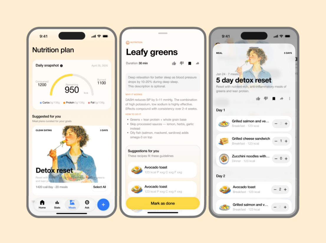 Lemon app nutrition plan screen showing daily snapshot and curated meal plans