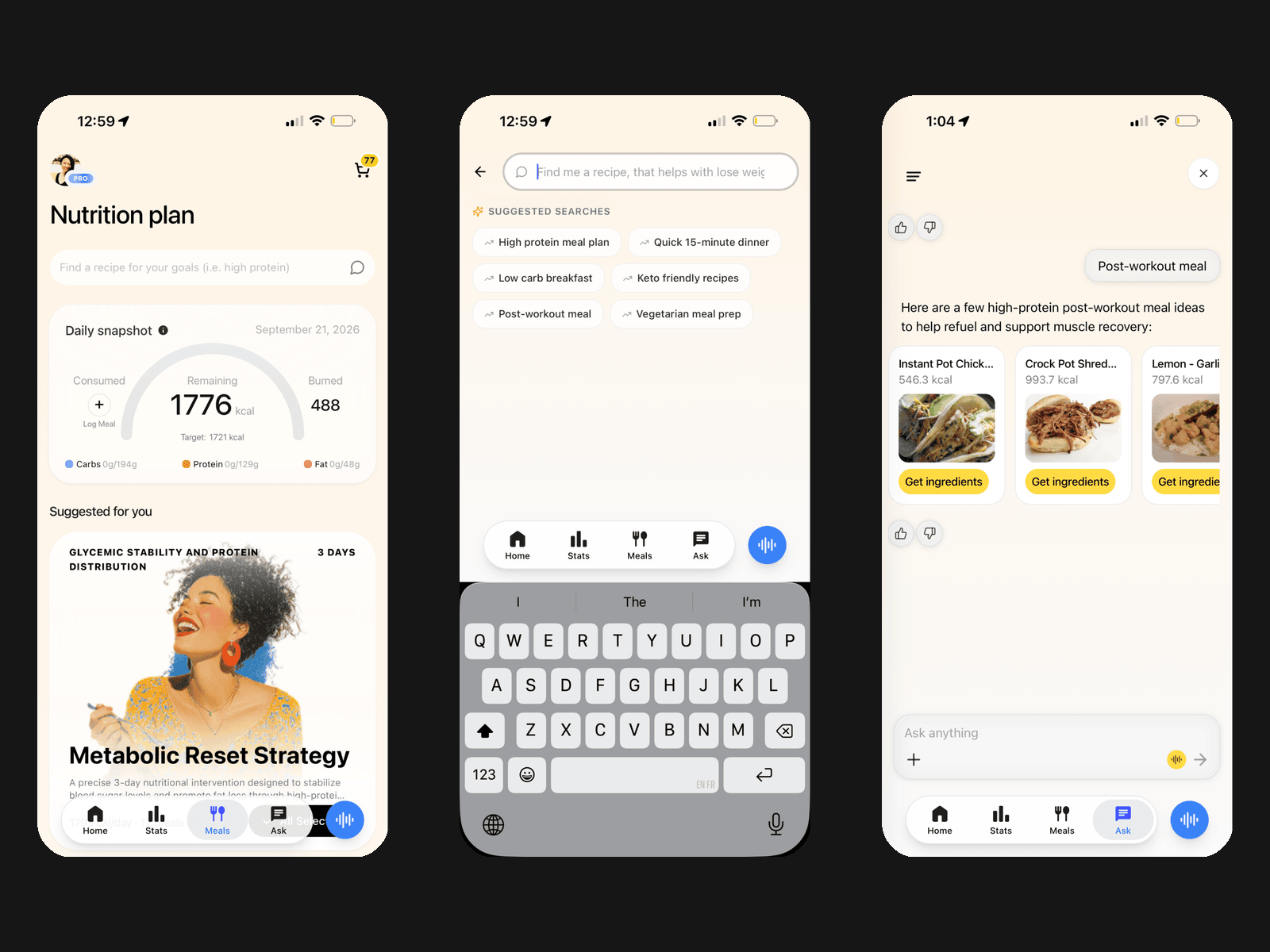 Lemon recipe search showing suggested searches and personalized high protein recipe results