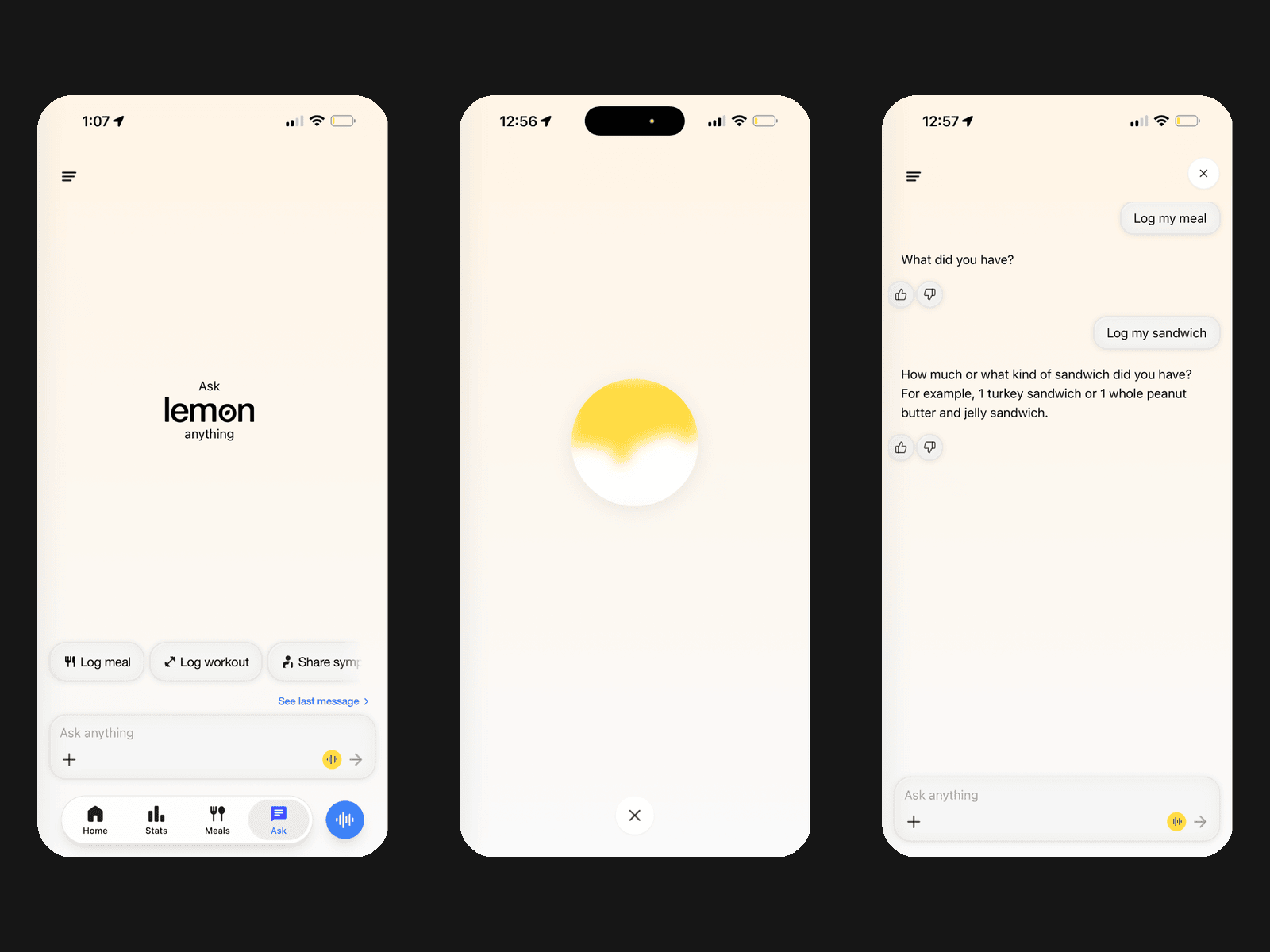 Lemon chat with voice input, showing the listening animation and a meal being logged by voice